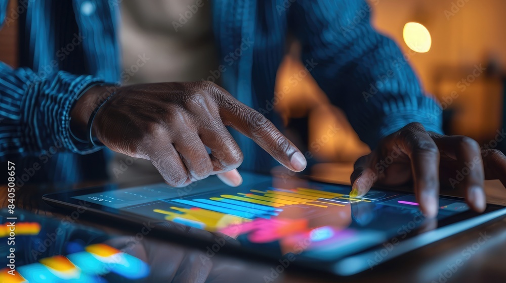 Poster close-up of hands pointing at a digital graph on a tablet, showcasing data analysis in a collaborati