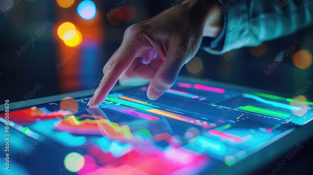 Poster Close-up of hands pointing at a digital graph on a tablet, showcasing data analysis in a collaborative environment