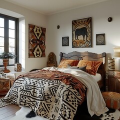 This image highlights an elegant and sophisticated modern African bedroom, featuring a luxurious four-poster bed adorned with flowing silk drapes, exuding contemporary charm and style.