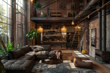 Living room interior in loft, industrial style