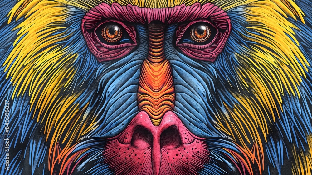 Poster Colorful abstract mandrill portrait with vivid textures and intricate patterns.