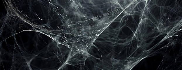 Worms-eye view, hyper-realistic spider webs, intricately spun and ghostly, illuminated on a stark black banner, providing dramatic copyspace, unsettling yet mesmerizing visual effect