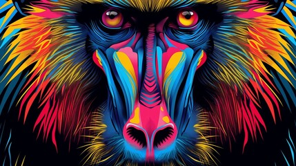 Bright, colorful mandrill face art with vivid patterns and neon accents.