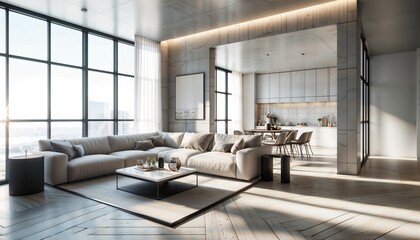 Modern Spacious Living Room with Large Windows and Minimalist Decor