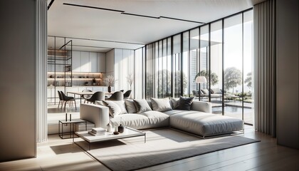 Modern Spacious Living Room with Large Windows and Minimalist Decor