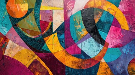 Fototapeta premium Colorful abstract painting featuring overlapping shapes and textures, providing a complex and engaging background