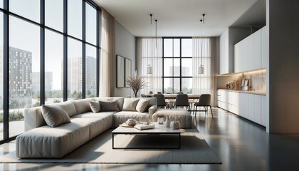 Modern Spacious Living Room with Large Windows and Minimalist Decor