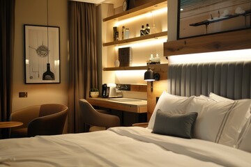 Hotel bedroom interior with beauty table and chair, shelf with art decoration