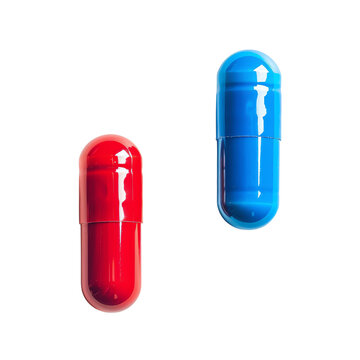 Single red capsule and blue capsule on white background, pharmaceutical focus