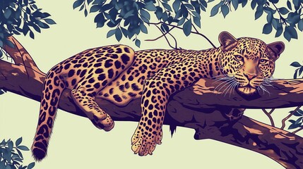A leopard rests on a tree branch, surrounded by green leaves and foliage.