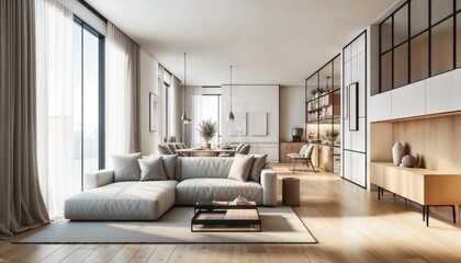 Modern Spacious Living Room with Large Windows and Minimalist Decor
