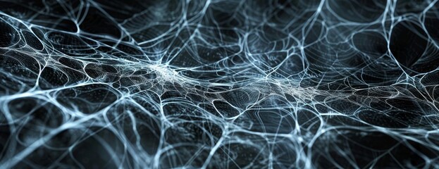 Fototapeta premium Worms-eye view, hyper-realistic spider webs, intricately spun and ghostly, illuminated on a stark black banner, providing dramatic copyspace, unsettling yet mesmerizing visual effect