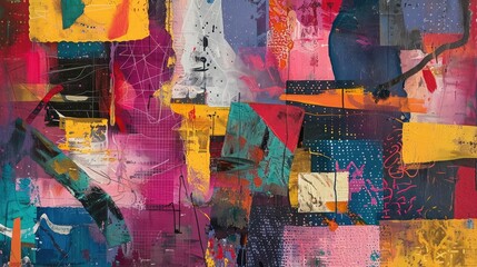 Obraz premium Colorful abstract painting featuring overlapping shapes and textures, providing a complex and engaging background