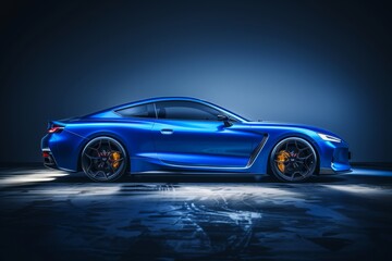 A blue sports car with sleek design and yellow brake calipers, showcased in a dark studio setting.