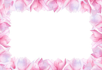 Frame with watercolor magnolia flowers Floral border template Pink blooming framework Postcard, greeting card, invitation Women's day 2025 decoration Mother's day design Botanical background