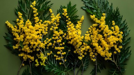 Obraz premium Beautiful floral composition with mimosa flowers on green background flat lay