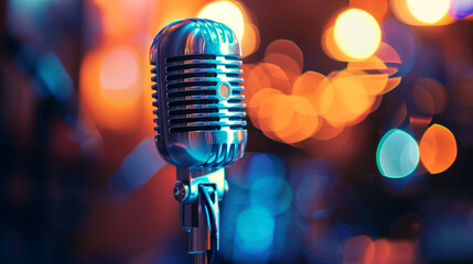 Microphone on stage with blurred background, close-up shot