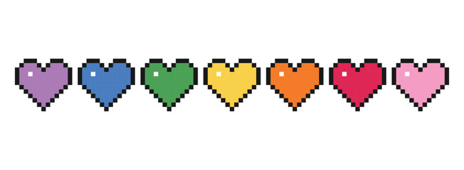 Collection of pixel hearts isolated on white background. Love symbol icon set. Colorful heart shape vector illustration.