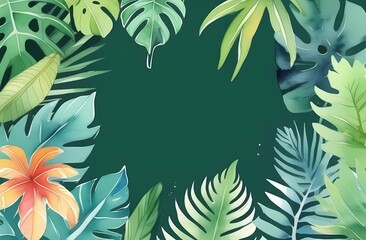 Blank green watercolor background with tropical leaf border with empty space in the center, copy space