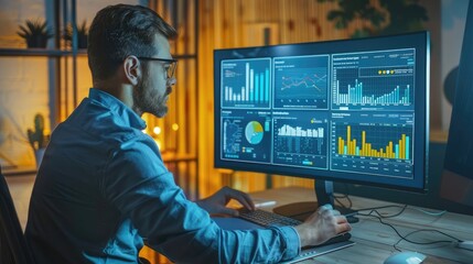 Data scientist working with a digital graph on a computer monitor, analyzing complex datasets and trends