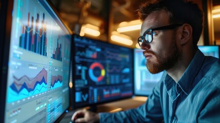 Data scientist working with a digital graph on a computer monitor, analyzing complex datasets and trends