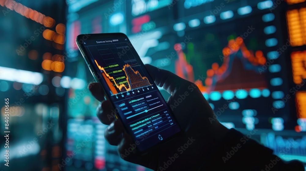 Aufkleber digital graph on a smartphone screen held by a businessperson, illustrating mobile data analysis and