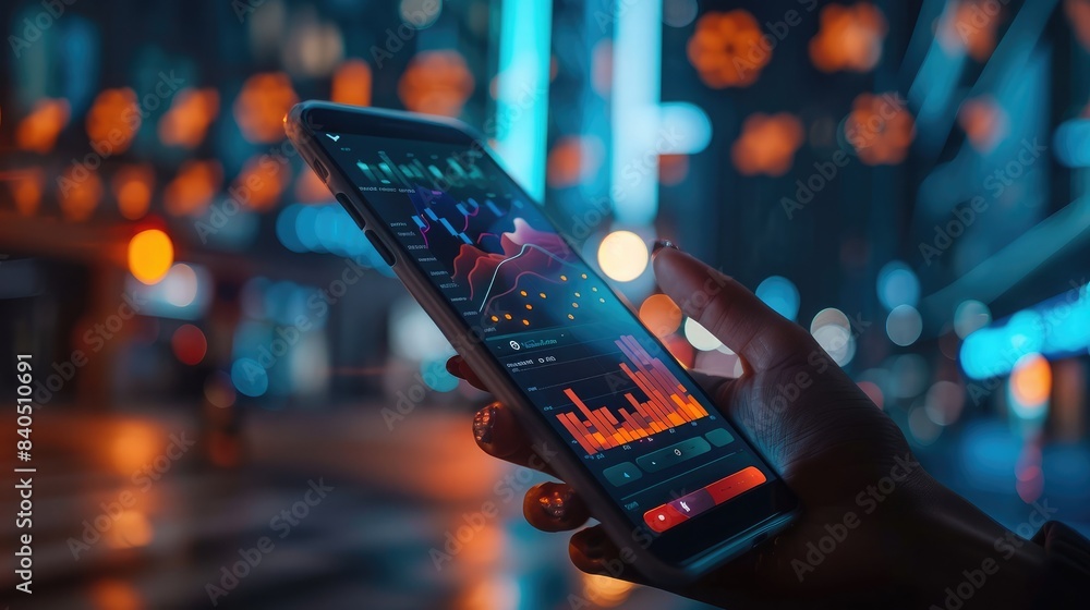 Poster digital graph on a smartphone screen held by a businessperson, illustrating mobile data analysis and