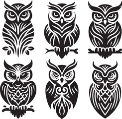 set of black and white owl