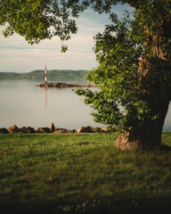 View on lake Balaton in spring with bench