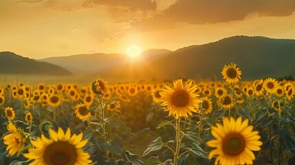 Fototapeta premium Panorama landscape of sunflowers blooming in the field., Beautiful scene of agriculture farming on mountain range background at sunset., Plantation of crop organic farm and countryside traveling