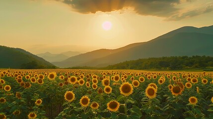 Panorama landscape of sunflowers blooming in the field., Beautiful scene of agriculture farming on mountain range background at sunset., Plantation of crop organic farm and countryside traveling