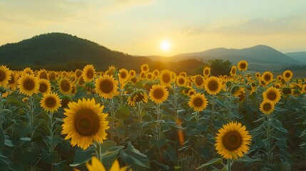 Fototapeta premium Panorama landscape of sunflowers blooming in the field., Beautiful scene of agriculture farming on mountain range background at sunset., Plantation of crop organic farm and countryside traveling