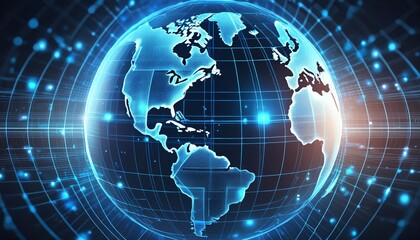 A digital illustration of a glowing globe surrounded by interconnected lines and nodes, representing global network and digital connections. 