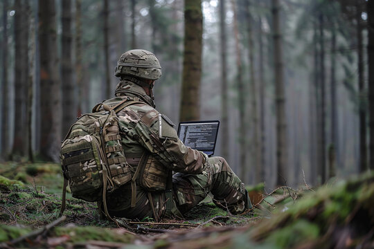 soldier using laptop computer in the forest