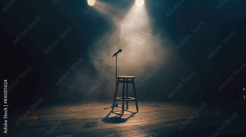 Aufkleber empty stage with spotlights shining down on a single stool and microphone, setting the scene for a s