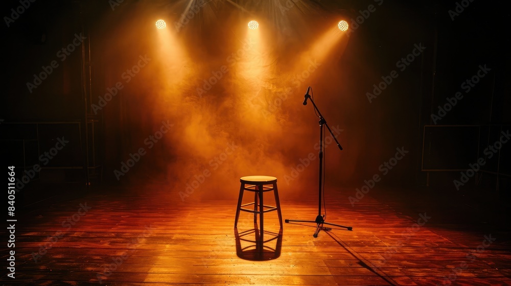 Aufkleber empty stage with spotlights shining down on a single stool and microphone, setting the scene for a s