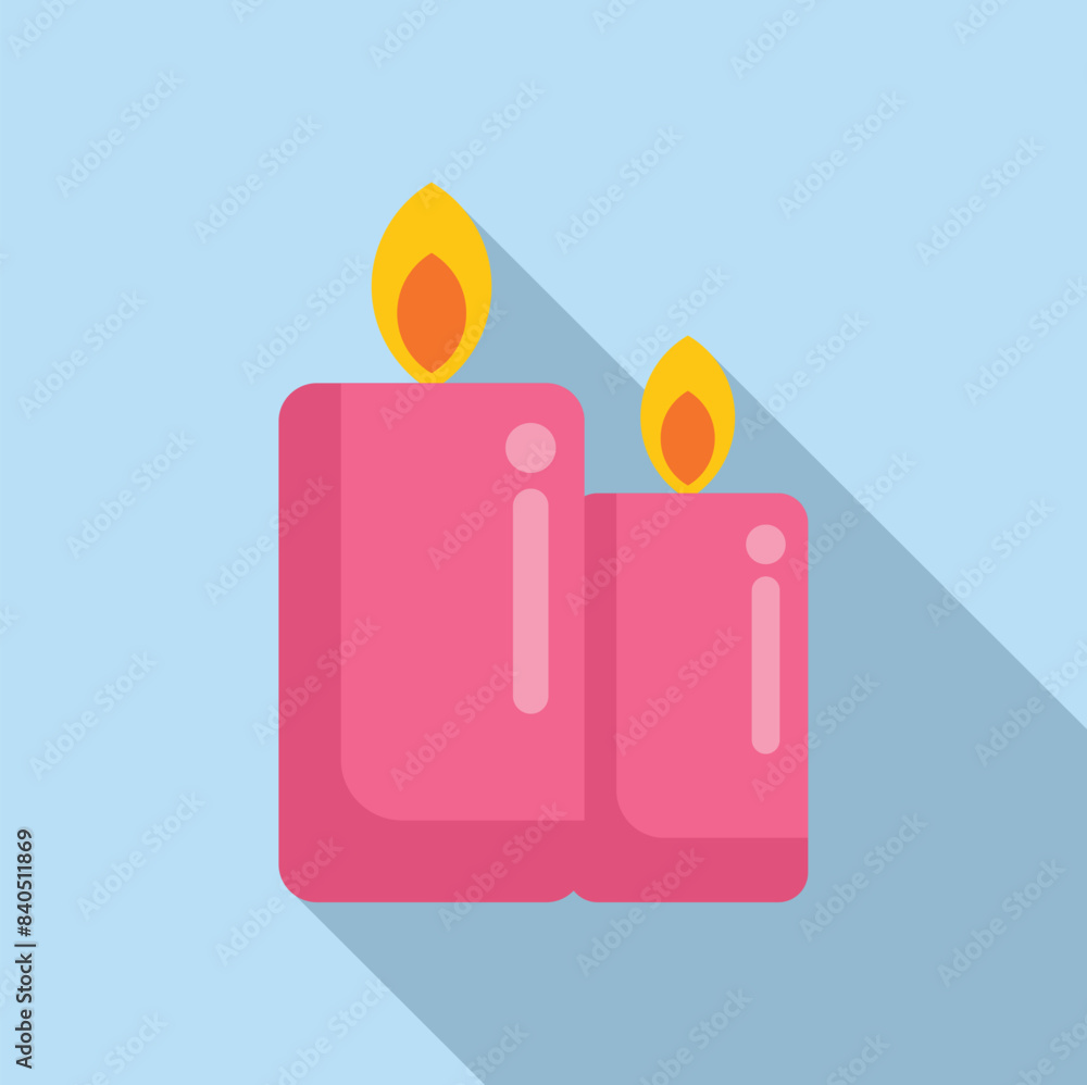 Poster minimalistic vector graphic of two pink candles with flames, casting a soft shadow
