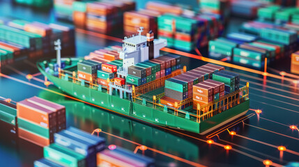 Obraz premium Industrial port. Cargo ship with containers. Freight transportation. Aerial view harbor, global trade and commerce. Heavy loading and unloading. Merchandise. Shipping industry economy.