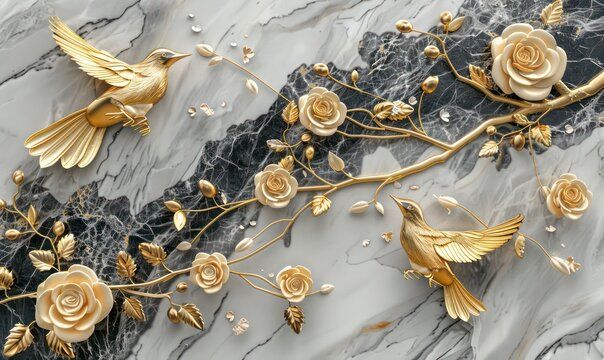Fototapeta 3d golden birds flying on marble background with golden rosses wallpaper