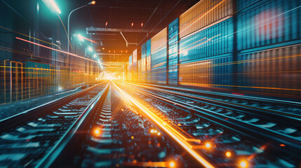 Fototapeta premium Railway in city night. futuristic with illuminated and speed train in motion. Modern urban rush hour in downtown district, Connection transportation technology and development. tunnel, dusk cyber.
