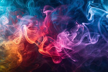 Fototapeta premium Colorful smoke swirls on black background, abstract background with copy space. Abstract color of rainbow colors. Vape or electronic cigarette