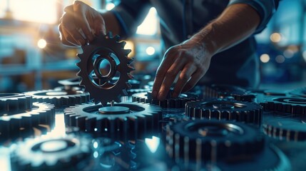 Closeup of businessman putting gears on a table in office, elements of smart strategic planning, flexible management practices, and adaptability in a corporate setting.