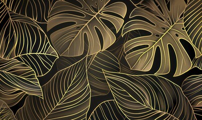 Abstract art line drawing of monstera plant gold wallpaper
