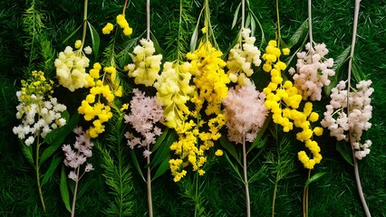 Obraz premium Beautiful floral composition with mimosa flowers on green background flat lay