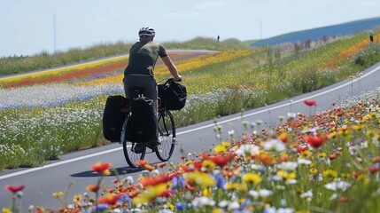 Obraz premium A man riding a bicycle on a road surrounded by fields of blooming flowers, representing a fresh start and new opportunities