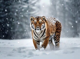 Obraz premium Big tiger standing alone in a snowy pile