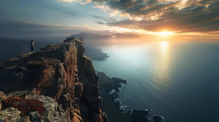 A person standing at the edge of a cliff, overlooking a vast ocean at sunrise, symbolizing new beginnings and opportunities