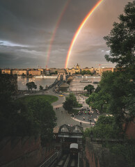 Rainbow over the famous Chain Bridge in Budapest, Hungary