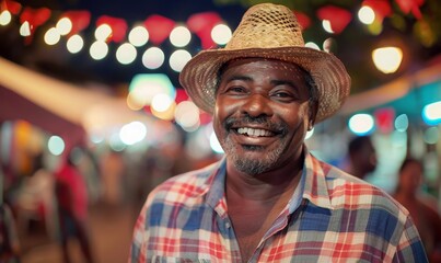 Portrait  smiling Brazilian senior man in a plaid shirt and straw hat on the background of a festive celebration party Festa Junina. Summer, night, street city,  Garland. Traditional holiday concept. - Powered by Adobe