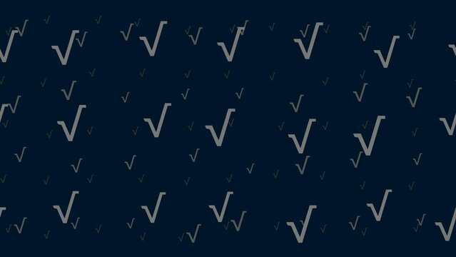 Square root symbols float horizontally from left to right. Parallax fly effect. Floating symbols are located randomly. Seamless looped 4k animation on dark blue background
